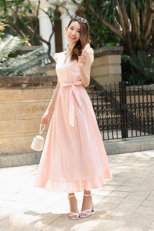 Đầm thiết kế Linen cổ V dáng dài