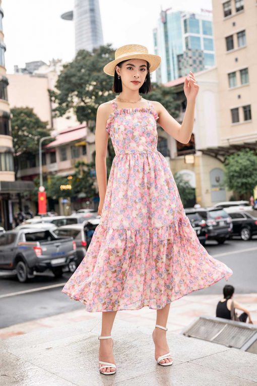 Đầm thiết kế voan hoa hai dây