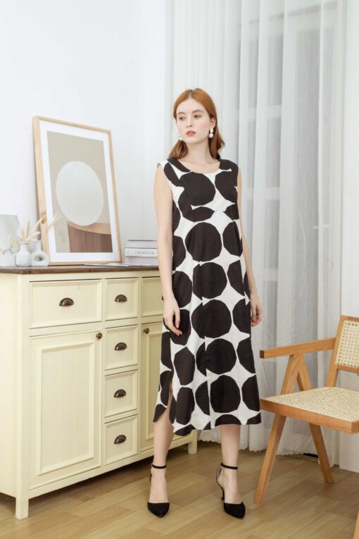 Đầm công sở Linen chấm bi